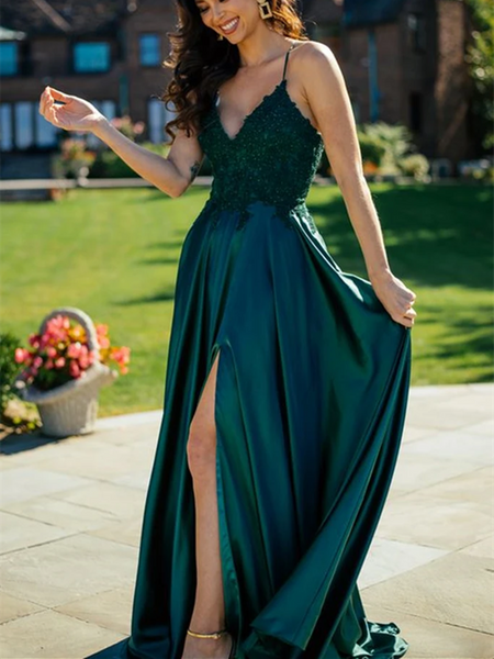 A Line V Neck Dark Green Lace Top Long Prom Dresses with Slit, Dark Green  Lace Formal Graduation Evening Dresses