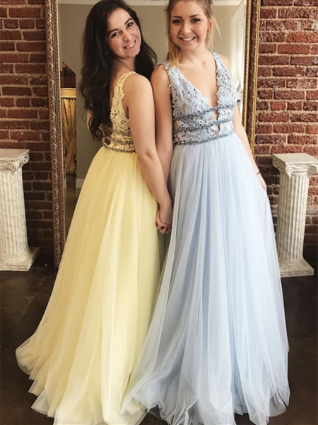 Light Blue Tulle A line V neck Lace Long Prom Dress JTA8481