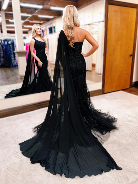 Black One Shoulder Mermaid Lace  Prom Dresses, One Shoulder Mermaid Lace Black Formal Evening Graduation Dresses