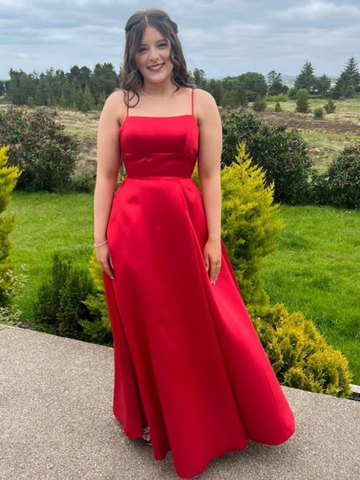 Simple A Line Red Satin Long Prom Dresses, Red Satin Long  Formal  Evening Graduation Dresses