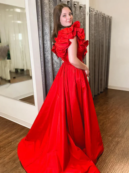 A Line  V Neck Red Ruffle Satin Long Prom Dresses, Ruffle Red Long Formal Evening Dresses