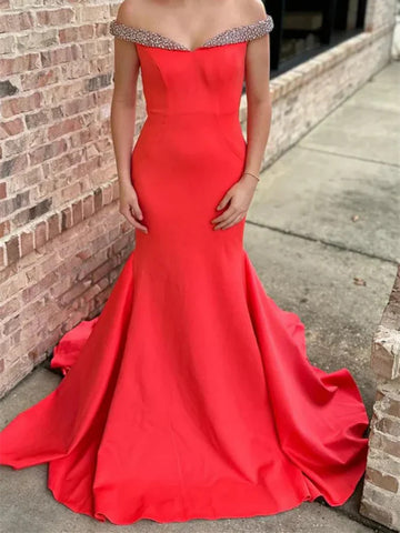 Simple Off Shoulder Mermaid Red Satin Long Prom Dresses with Train, Off The Shoulder Mermaid Red Satin Long Formal Evening Graduation Dresses with Beads