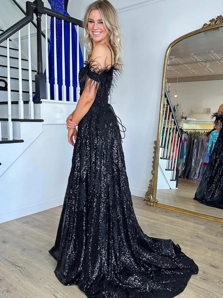 Off Shoulder Black Lace Prom Dresses, Off the Shoulder Black Lace Sequins Formal Evening Dresses