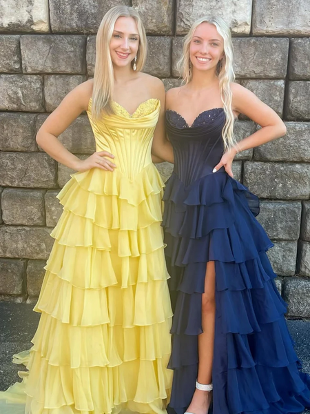 Strapless Yellow Blue Lace Layered Long Prom Dresses, Strapless Sweetheart Neck Blue Yellow Layered Lace Formal Evening Dresses