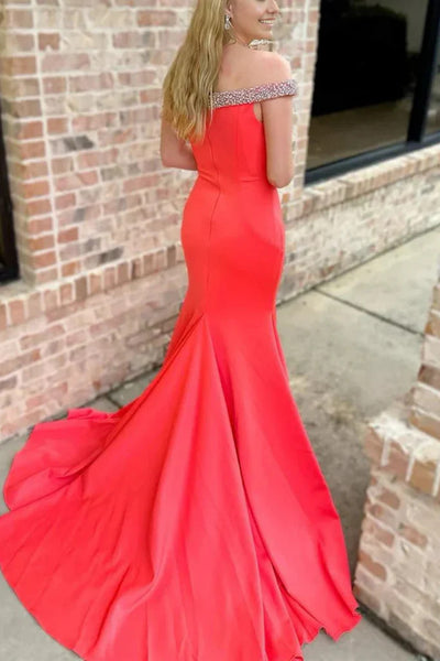 Simple Off Shoulder Mermaid Red Satin Long Prom Dresses with Train, Off The Shoulder Mermaid Red Satin Long Formal Evening Graduation Dresses with Beads