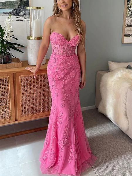 Mermaid Open Back Pink Lace Long Prom Dresses, Sweetheart Neck Pink Lace Formal Evening Dresses