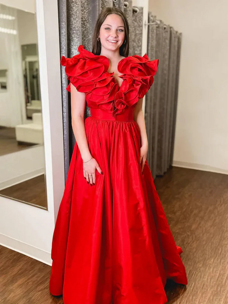 A Line  V Neck Red Ruffle Satin Long Prom Dresses, Ruffle Red Long Formal Evening Dresses