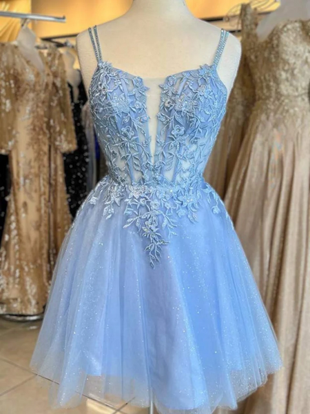 Cute V Neck Light Blue/Fuchsia Lace Tulle Prom Dresses,  V Neck Light Blue/Fuchsia Lace Formal Evening Homecoming Dresses