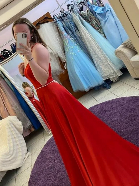 Spaghetti Straps Red Long Prom Dresses with Leg Slit, A Line Red Satin Long Formal Evening Graduation Dresses