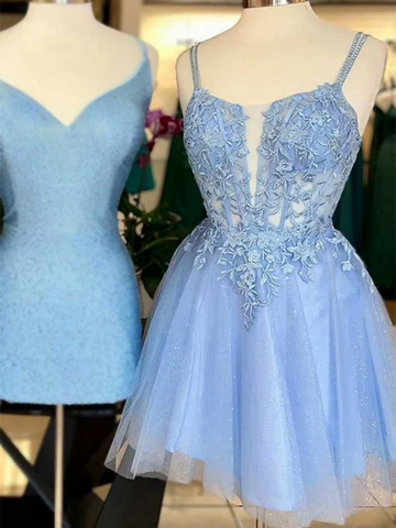 Cute V Neck Light Blue/Fuchsia Lace Tulle Prom Dresses,  V Neck Light Blue/Fuchsia Lace Formal Evening Homecoming Dresses