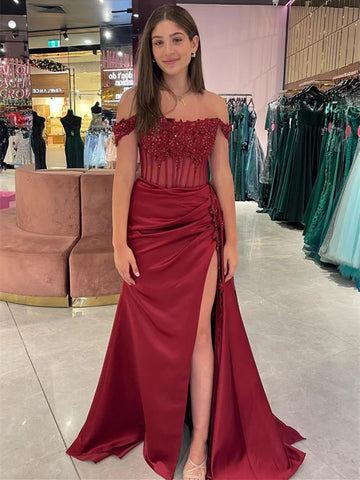 Off The Shoulder Burgundy Lace Sequins Long Prom Dresses with High Slit,Burgundy Lace Formal  Evening Graduation Dresses with Train