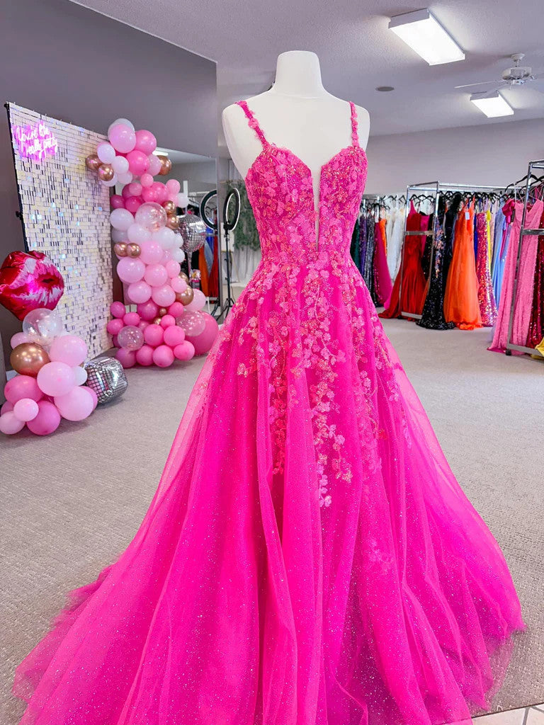 A Line V Neck Hot Pink Lace Tulle Long Prom Dresses Long Hot Pink Tulle Lace Formal Evening Dresses