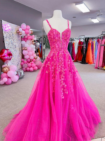 A Line V Neck Hot Pink Lace Tulle  Long Prom Dresses, Long Hot Pink Tulle Lace Formal Evening Dresses
