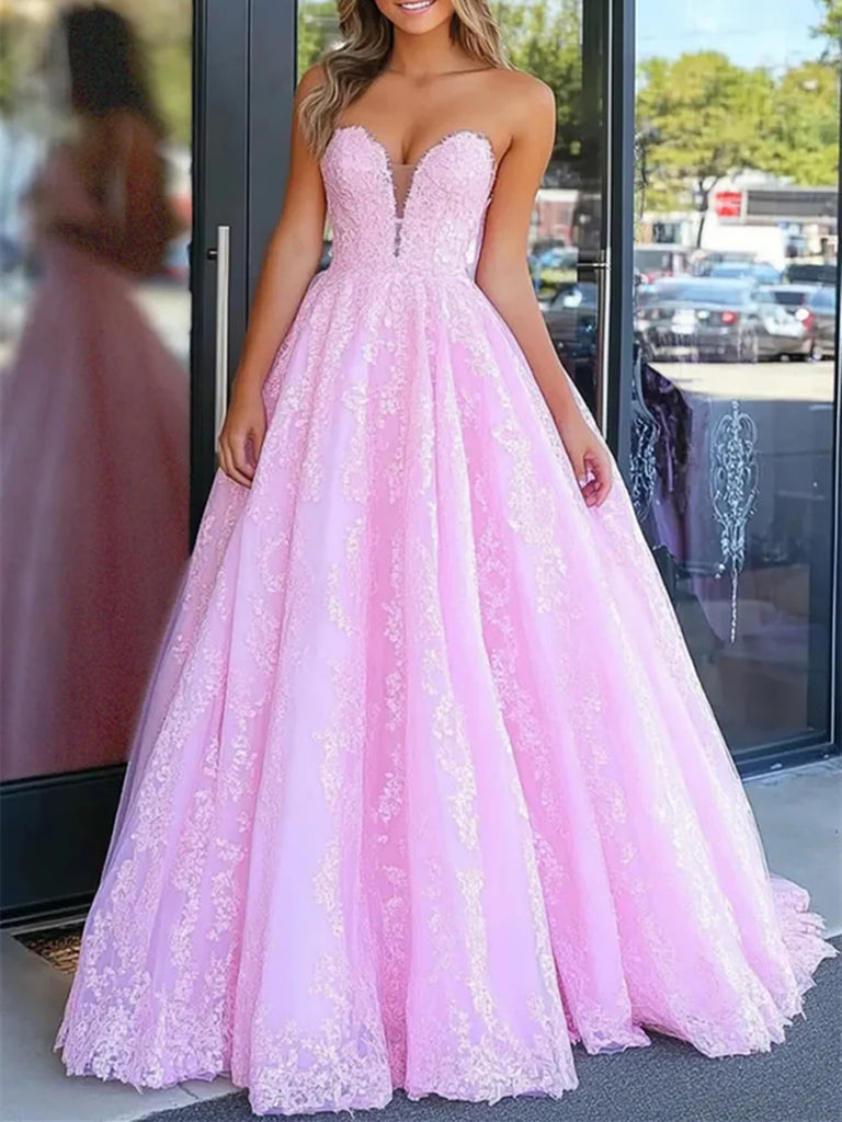 Strapless A Line V Neck Pink Lace Long Prom Dresses, A Line Pink Lace Formal Graduation Evening Dresses