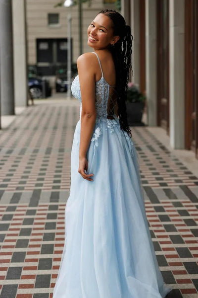 A Line Backless Light Blue Lace Long Prom Dresses With High Slit, Light Blue Lace Formal  Evening Graduation Dresses