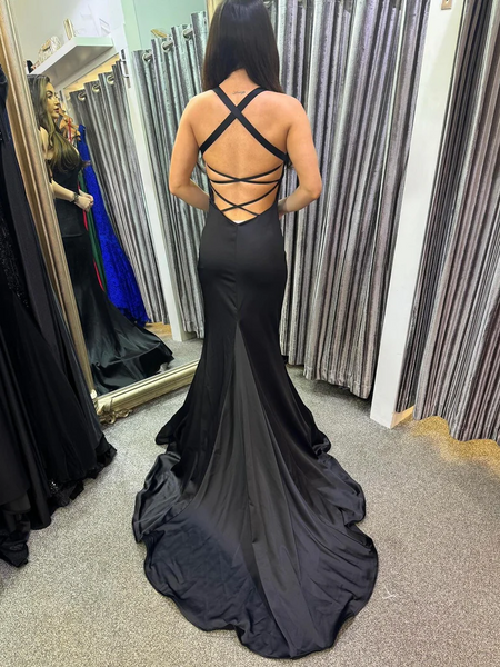 Backless Black Mermaid Satin Long Prom Dresses with Train, Mermaid Black Open Back Satin Long Formal Evening Dresses