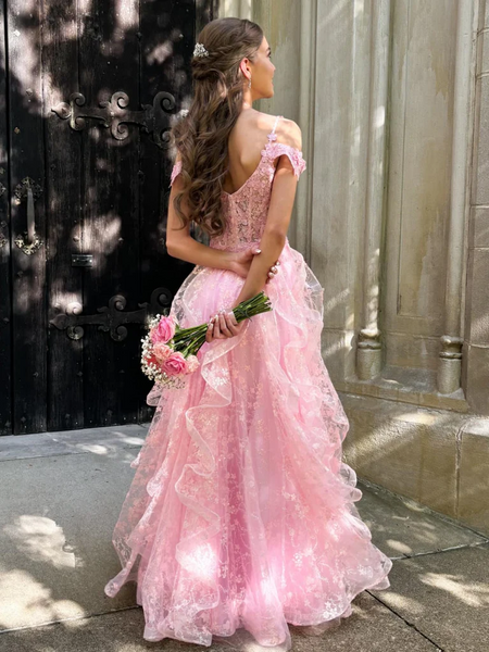 Off The Shoulder V Neck Fluffy Pink Lace Floral Long Prom Dresses with Appliques, Off Shoulder Pink Lace Floral Formal Evening Dresses