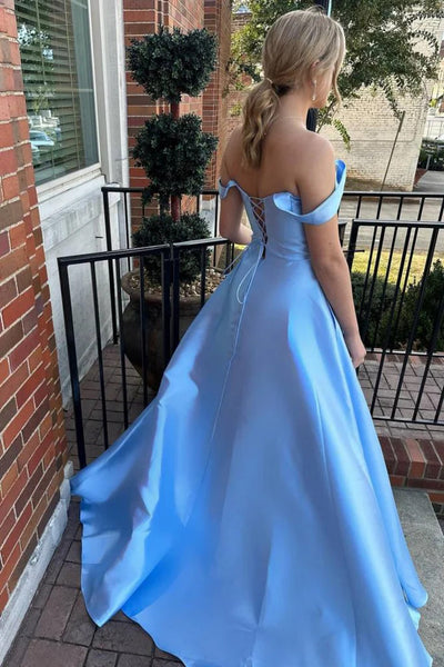 Simple Off The Shoulder Light Blue Satin Long Prom Dresses, Off Shoulder Light Blue Satin Long Formal Evening Dresses