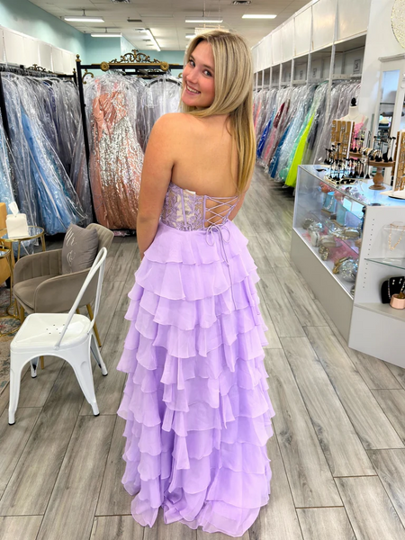 Strapless Layered Lilac Lace Long Prom Dresses With High Slit, Purple Lace Formal Evening Dresses