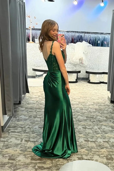 Mermaid Green  Lace Top Long Prom Dresses with Side Slit, Lace Green Mermaid Long Formal Evening Dresses