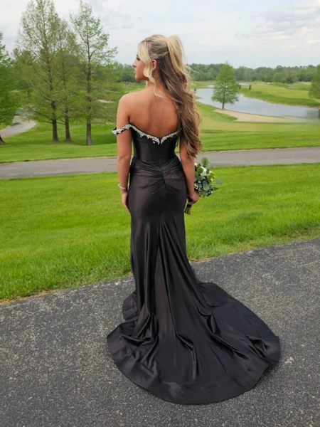 Off  The Shoulder Mermaid Beaded Black Satin Long Prom Dresses with Side Slit, Off Shoulder Mermaid Black Formal  Evening Graduation Dresses