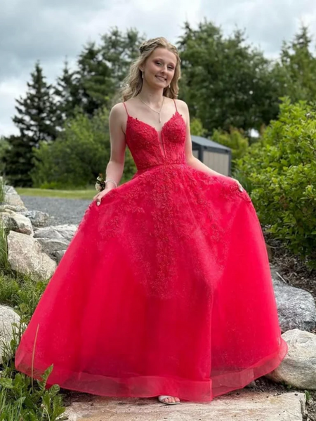 A Line V Neck Red Lace Long Prom Dresses, Red Lace Formal Evening Dresses