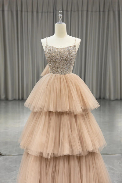 A Line Champagne Layers Tulle  Long Prom Dresses, Beaded Spaghetti Strap  Champagne Layers Tulle  Long Evening Dresses