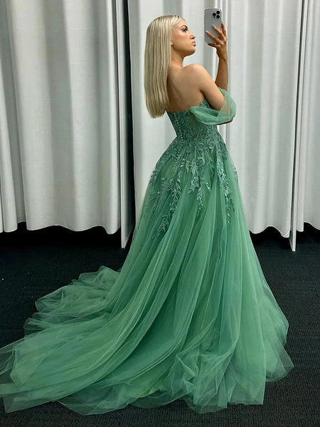 A Line Off The Shoulder Lace Tulle Green Long Prom Dresses, Green Lace Off Shoulder Formal Evening Dresses