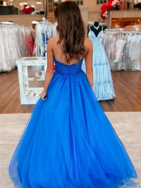 A Line Sweetheart Neck Beaded Blue Tulle Long Prom Dresses, Sweetheart Neck Blue Long Formal Evening Graduation Dresses