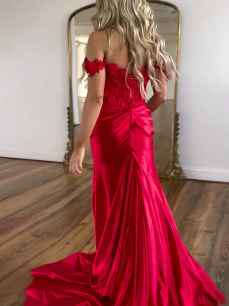 Off  Shoulder Red Floral Mermaid Prom Dresses, Off the Shoulder Red Mermaid Floral Long Formal Evening Dresses