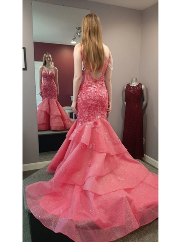 Gorgeous V Neck Backless Mermaid Hot Pink Lace Long Prom Dresses,  Open Back Mermaid Hot Pink Lace Long  Formal Evening Dresses