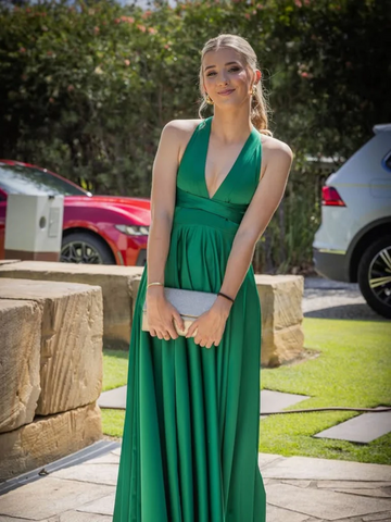 A Line V Neck  Backless Satin Long Prom Dresses, V Neck Open Back Green Satin Long Formal Evening Dresses