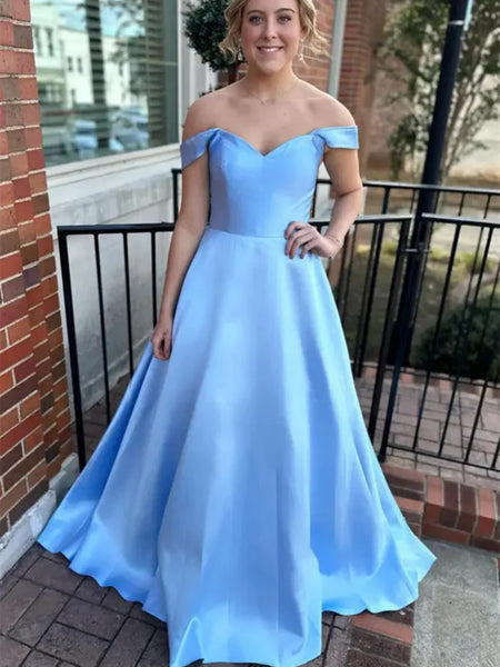 Simple Off The Shoulder Light Blue Satin Long Prom Dresses, Off Shoulder Light Blue Satin Long Formal Evening Dresses