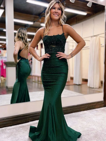 Dark Green Backless Mermaid Lace Prom Dresses,  Dark Green Open Back Mermaid Lace Formal Evening Dresses