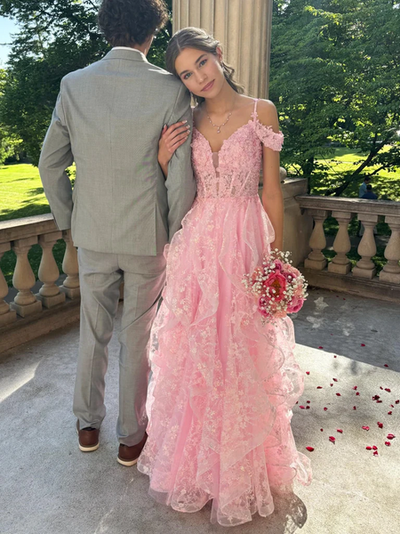 Off The Shoulder V Neck Fluffy Pink Lace Floral Long Prom Dresses with Appliques, Off Shoulder Pink Lace Floral Formal Evening Dresses