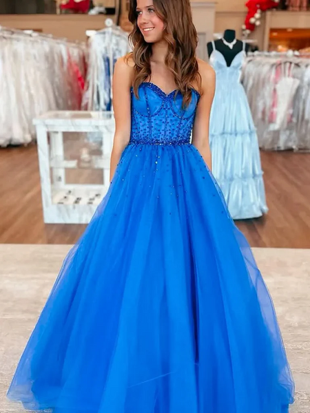 A Line Sweetheart Neck Beaded Blue Tulle Long Prom Dresses, Sweetheart Neck Blue Long Formal Evening Graduation Dresses