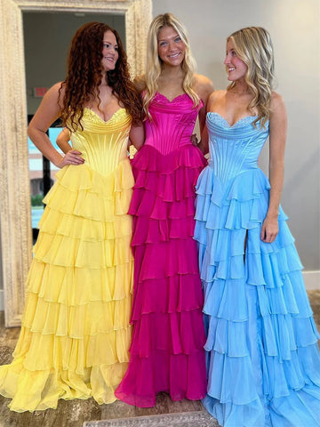 Strapless Layered Yellow/Blue/Hot Pink Chiffon Long Prom Dress with High Slit, Long Yellow/Blue/Hot Pink Formal Evening Graduation Dresses