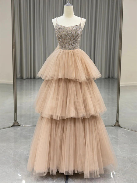 A Line Champagne Layers Tulle  Long Prom Dresses, Beaded Spaghetti Strap  Champagne Layers Tulle  Long Evening Dresses