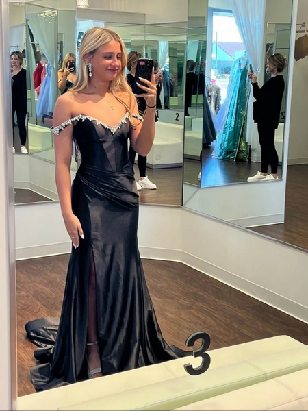 Off  The Shoulder Mermaid Beaded Black Satin Long Prom Dresses with Side Slit, Off Shoulder Mermaid Black Formal  Evening Graduation Dresses