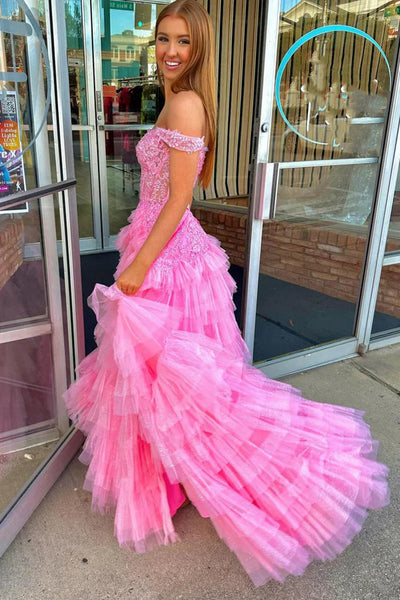 Fluffy Off The Shoulder Hot Pink Lace Long Prom Dresses with Slit, Off Shoulder Hot Pink Lace Formal Evening Dresses