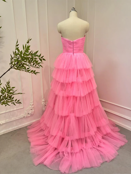 Pink Tulle Strapless Layered Long Prom Dresses, Strapless Layered Pink Tulle Formal Evening Dresses