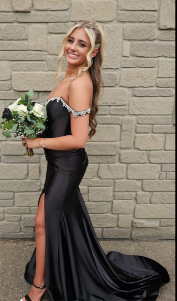 Off  The Shoulder Mermaid Beaded Black Satin Long Prom Dresses with Side Slit, Off Shoulder Mermaid Black Formal  Evening Graduation Dresses