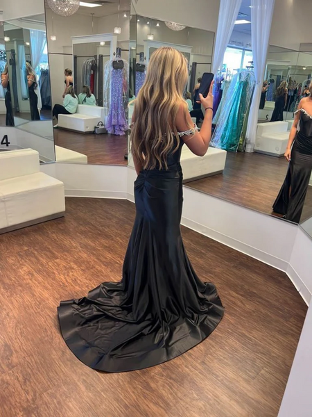 Off  The Shoulder Mermaid Beaded Black Satin Long Prom Dresses with Side Slit, Off Shoulder Mermaid Black Formal  Evening Graduation Dresses