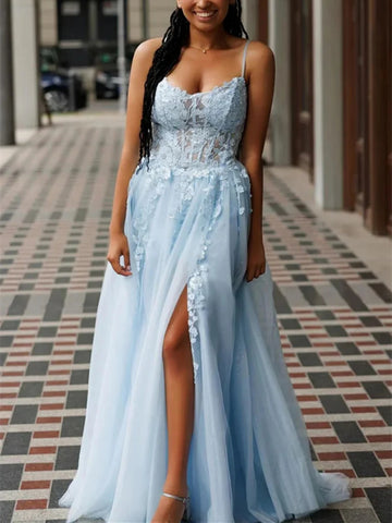 A Line Backless Light Blue Lace Long Prom Dresses With High Slit, Light Blue Lace Formal  Evening Graduation Dresses