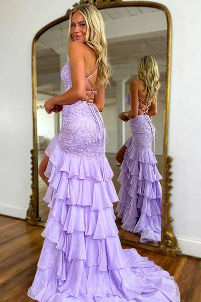 Mermaid V Neck Backless  Lilac Lace Long Prom Dresses With High Slit,  Mermaid Lilac Formal Evening Dresses