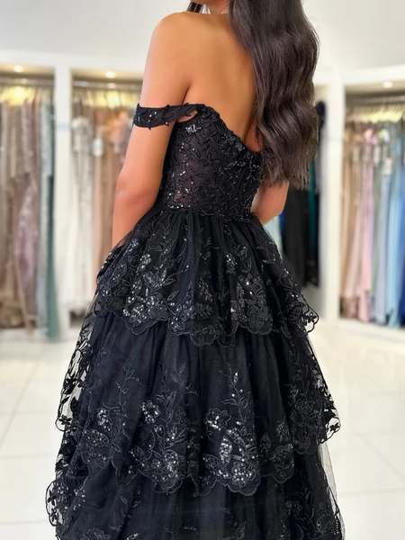 Off  Shoulder Black Lace Layered Long Prom Dresses, Off the Shoulder Black Lace Layered Long Formal Evening Dresses