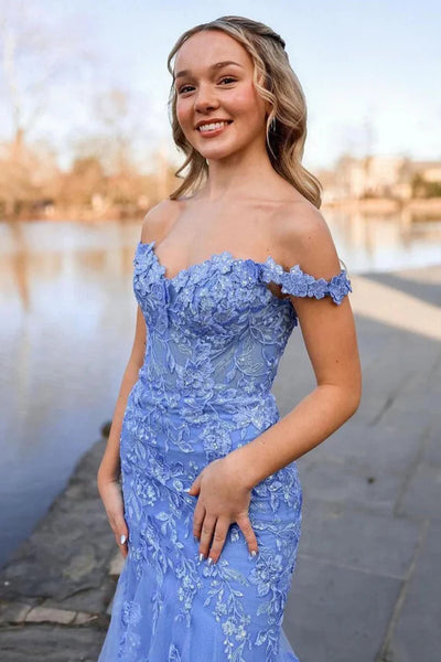 Off The Shoulder Mermaid Blue Lace Long Prom Dresses, Off Shoulder Mermaid Blue Lace Formal Evening Dresses