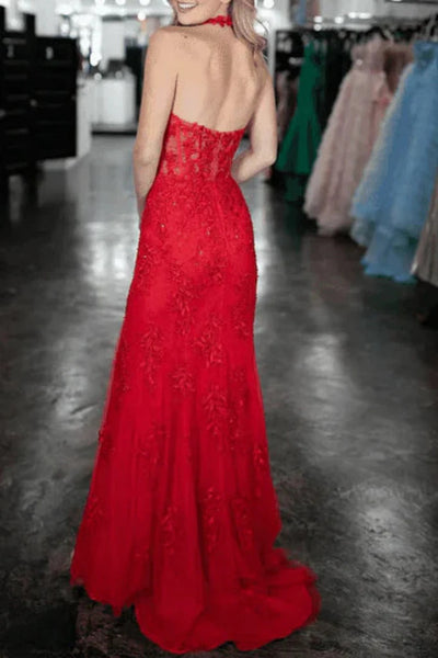 Halter V Neck Backless Mermaid Red Lace Long Prom Dresses with High Slit, Halter V Neck Mermaid Red Lace Formal Evening Dresses