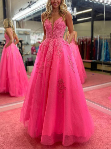 A Line V Neck Backless Hot Pink Lace Long Prom Dresses with Pocket, Hot Pink Open Back Lace Formal Evening Dresses