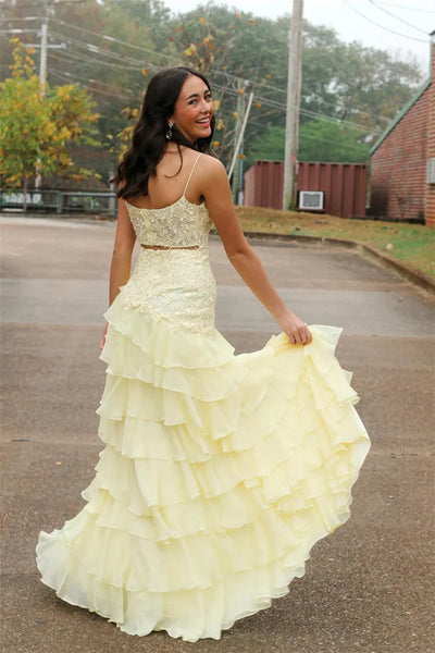 Elegant Layered Yellow Lace Long Prom Dresses with High Slit, Layered Yellow Lace Long Formal  Evening Graduation Dresses